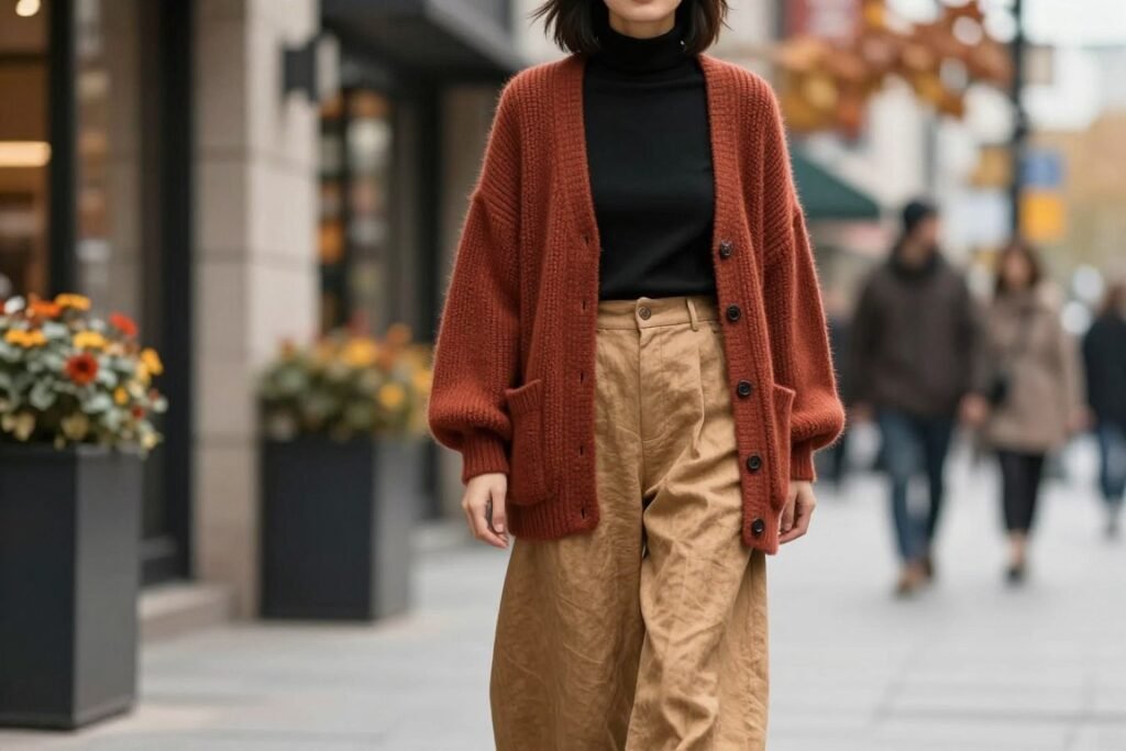 Woman wearing wide-leg linen pants with a turtleneck sweater and cardigan