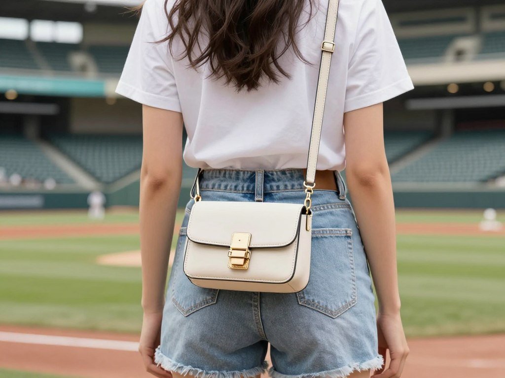 Woman with a crossbody bag and minimal jewelry as part of her cute baseball game outfit