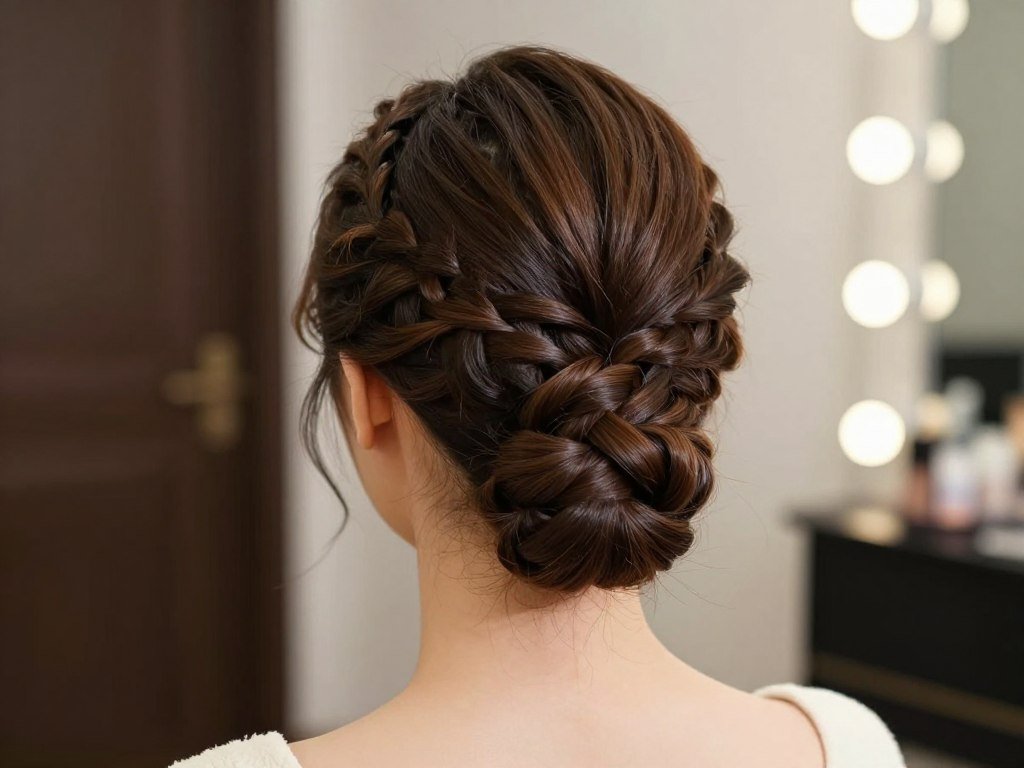 Woman with a low braided bun winter hair braid style from behind