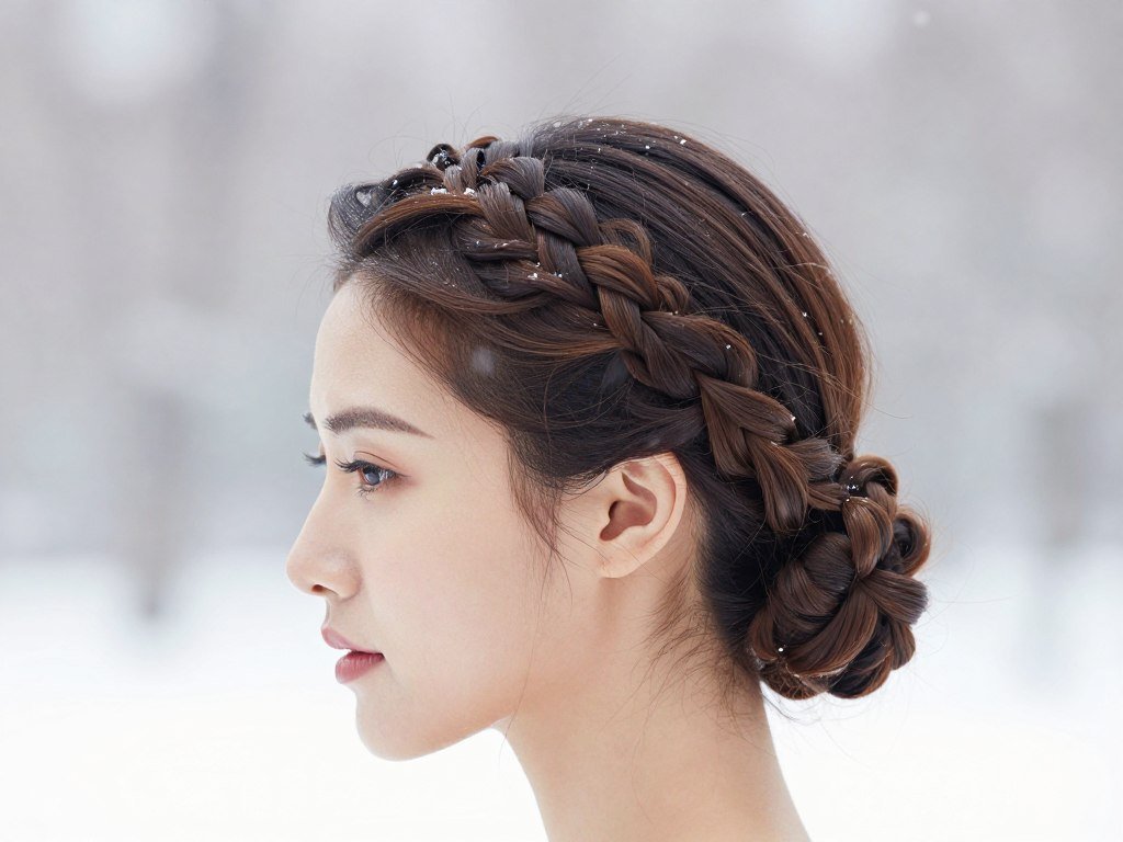 Woman with an elegant halo crown winter hair braid in a winter setting