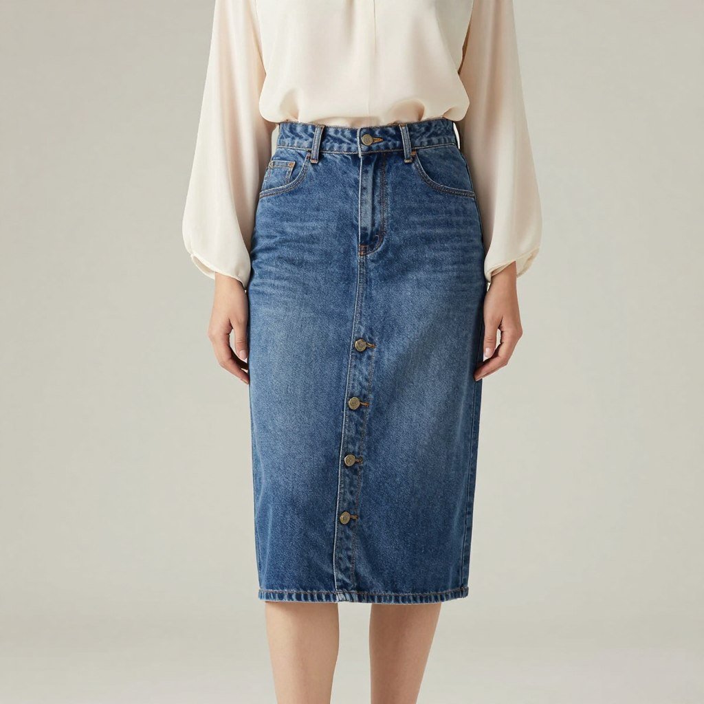 Woman with apple body shape wearing straight-cut jean skirt with vertical button detail