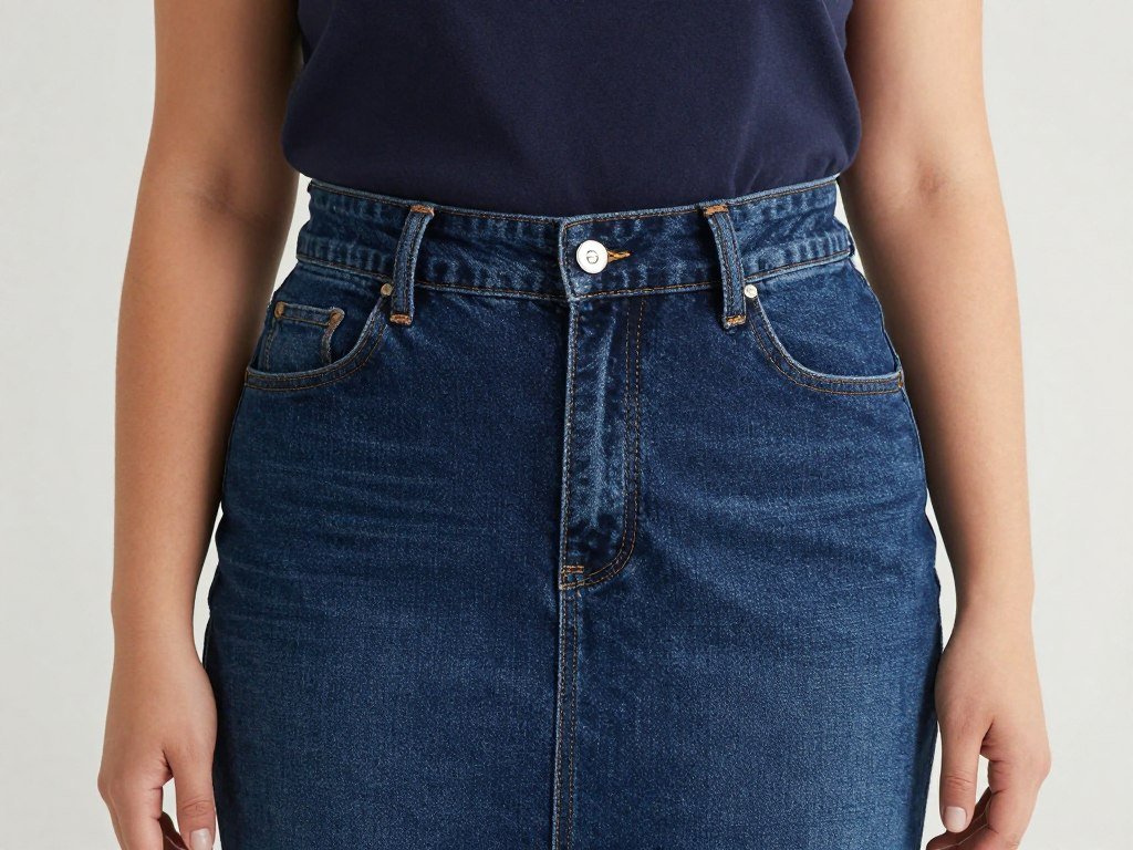 Woman with apple-shaped figure wearing a high-waisted denim skirt that flatters her midsection