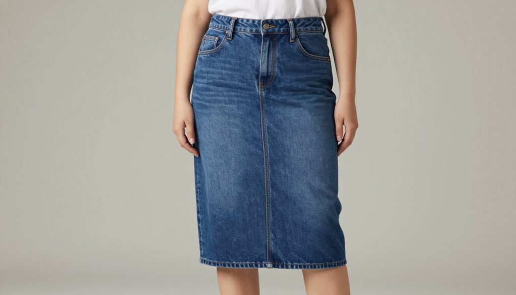 Woman with apple-shaped figure wearing straight denim skirt