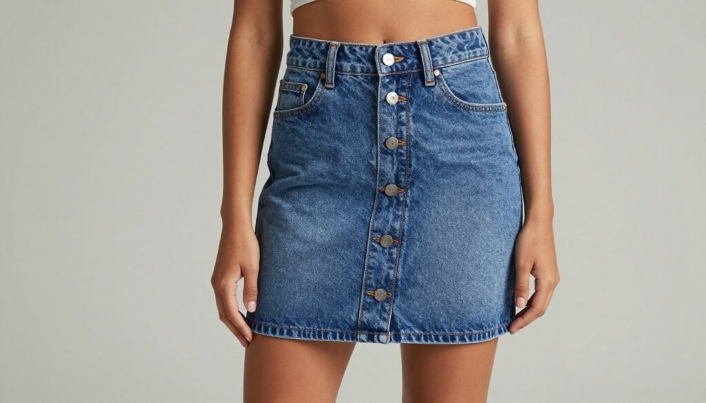 Woman with athletic figure wearing button-front denim skirt