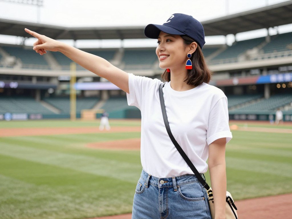 Woman with baseball cap, team-colored jewelry, and crossbody bag at a baseball game