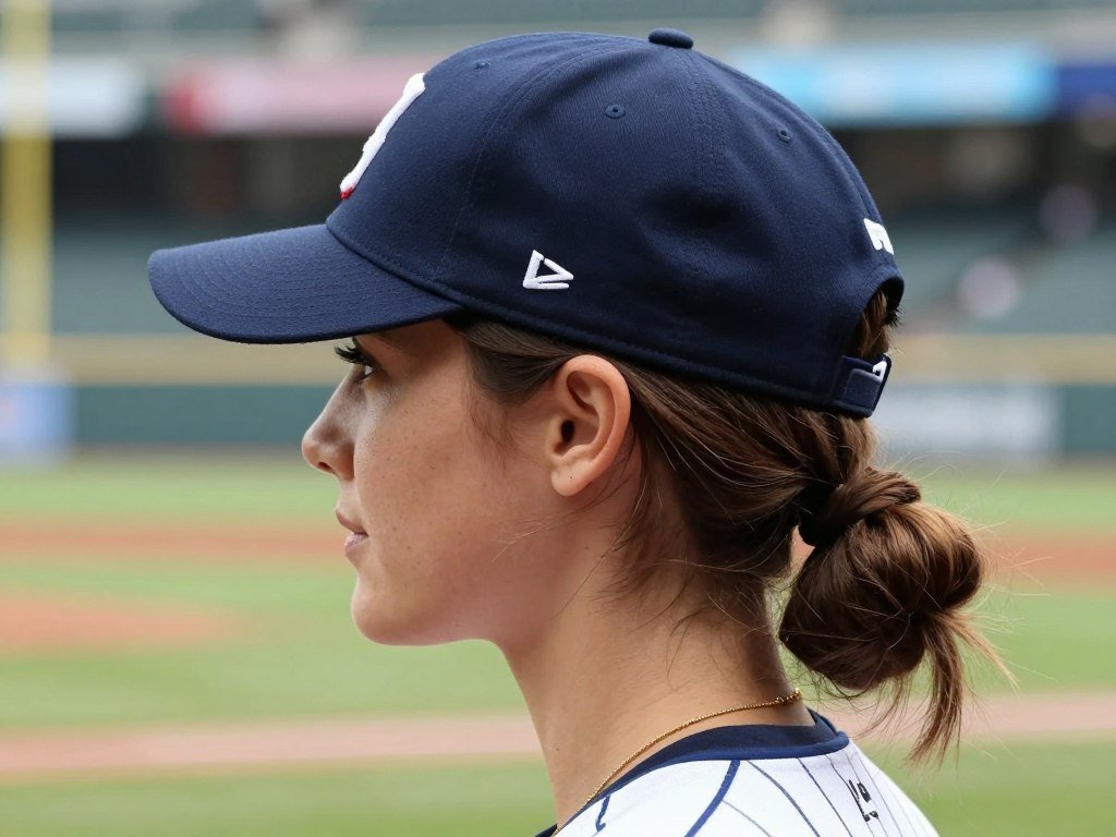 Woman with cap-friendly braided hairstyle at baseball game