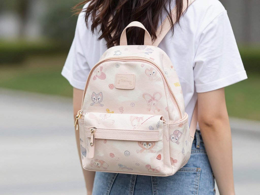 Woman with designer-inspired Disney mini backpack styled with casual outfit