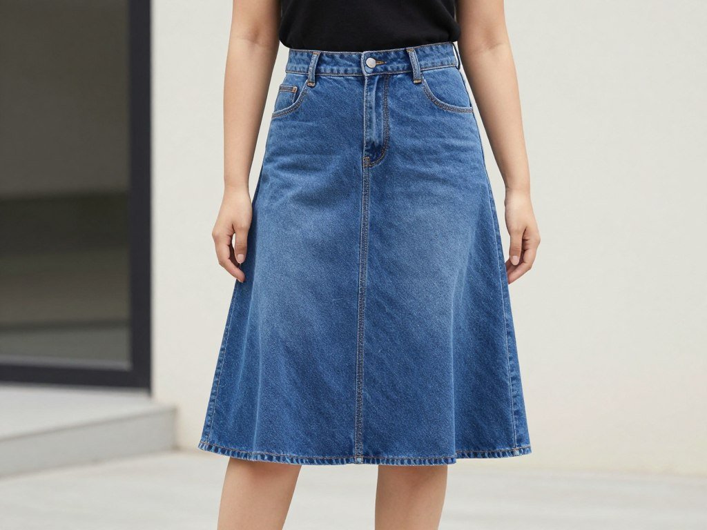 Woman with hourglass figure wearing A-line blue jean skirt with volume-adding top
