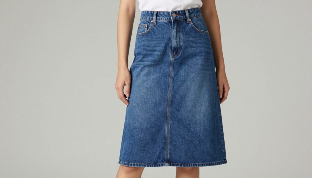 Woman with hourglass figure wearing A-line denim skirt