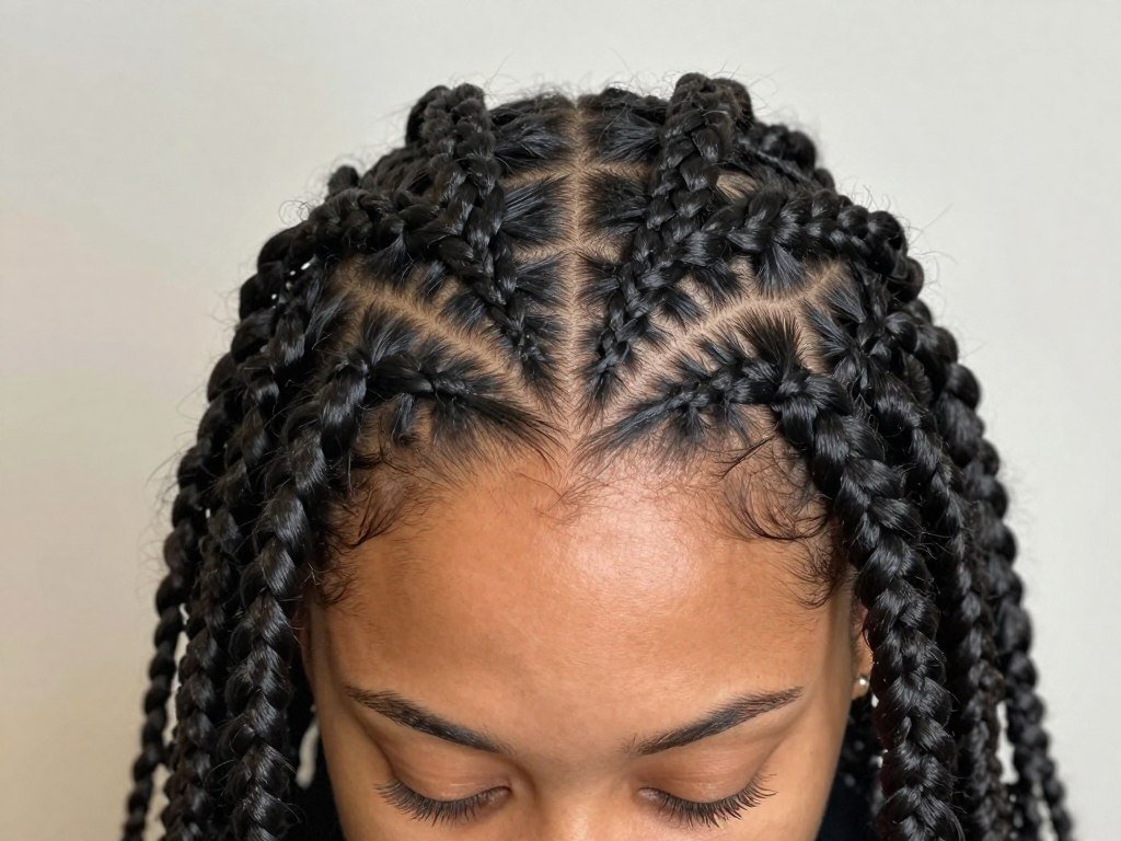 Woman with medium-sized box braids styled in a half-up winter hair braid style