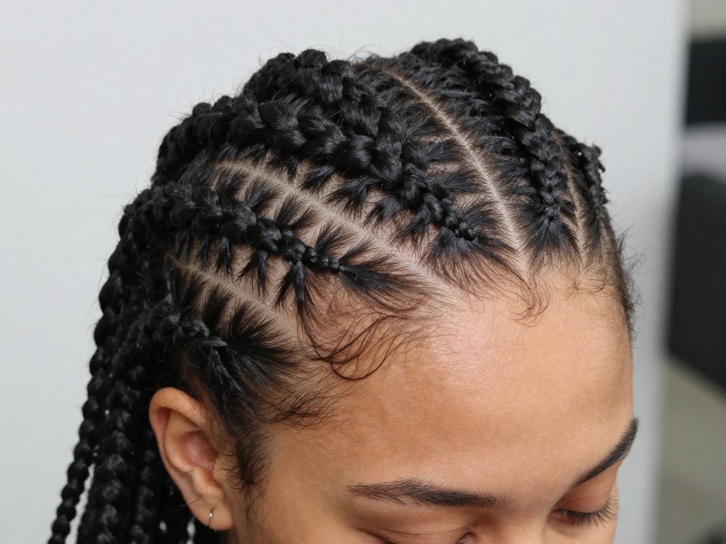 Woman with neat cornrow winter hair braids in various patterns
