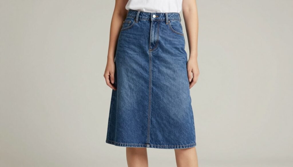 Woman with pear-shaped figure wearing A-line denim skirt