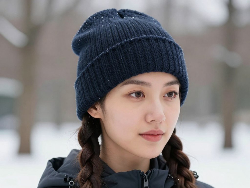 Woman with two Dutch winter hair braids wearing a winter hat