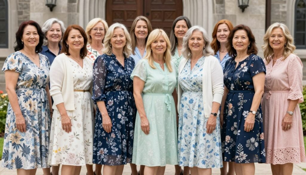 Women in various floral Easter outfits for church