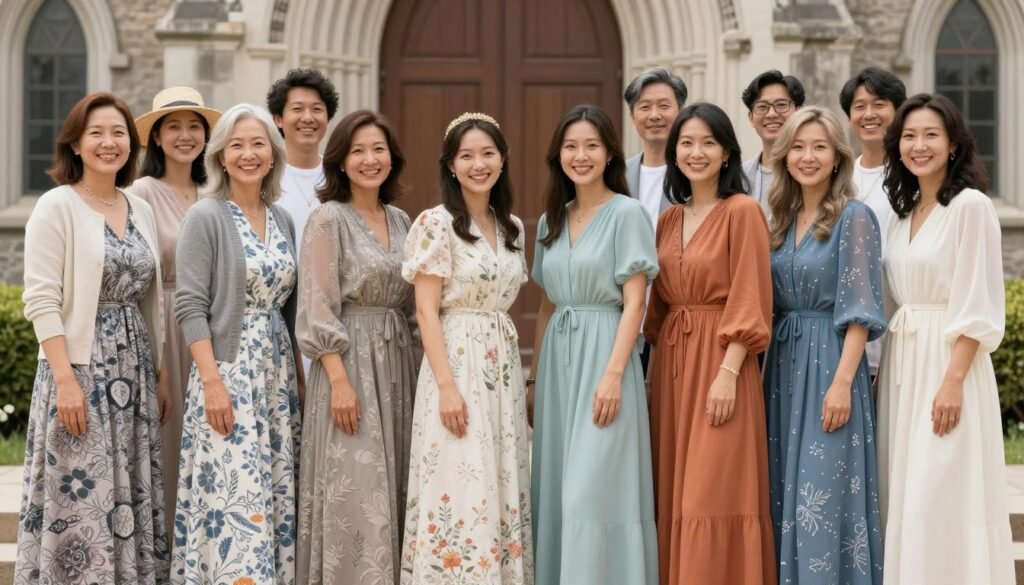 Women of different ages in maxi dresses for Easter church