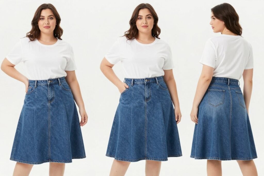 Women with different body types wearing A-line and full jean skirts
