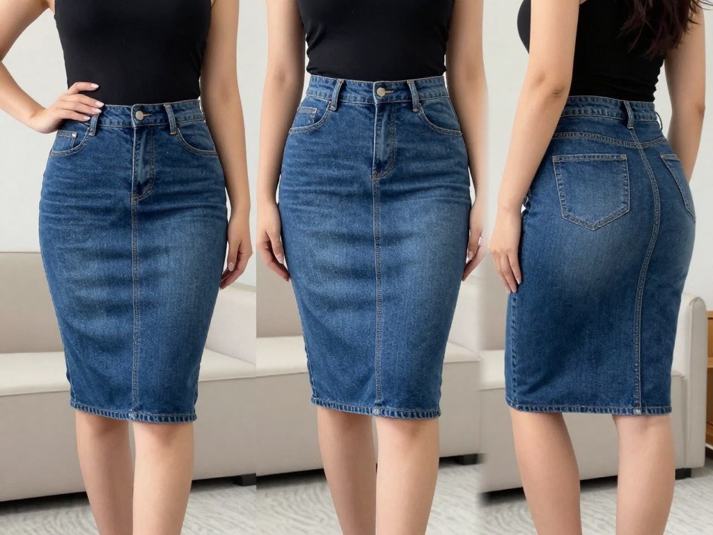 Women with different body types wearing pencil and straight jean skirts