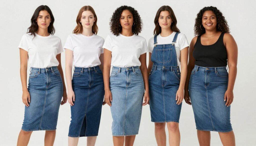 Women with different body types wearing various jean skirt styles that flatter their figures