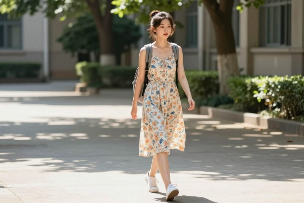 Young woman wearing a floral sundress with white sneakers walking through a school courtyard for summer outfit ideas