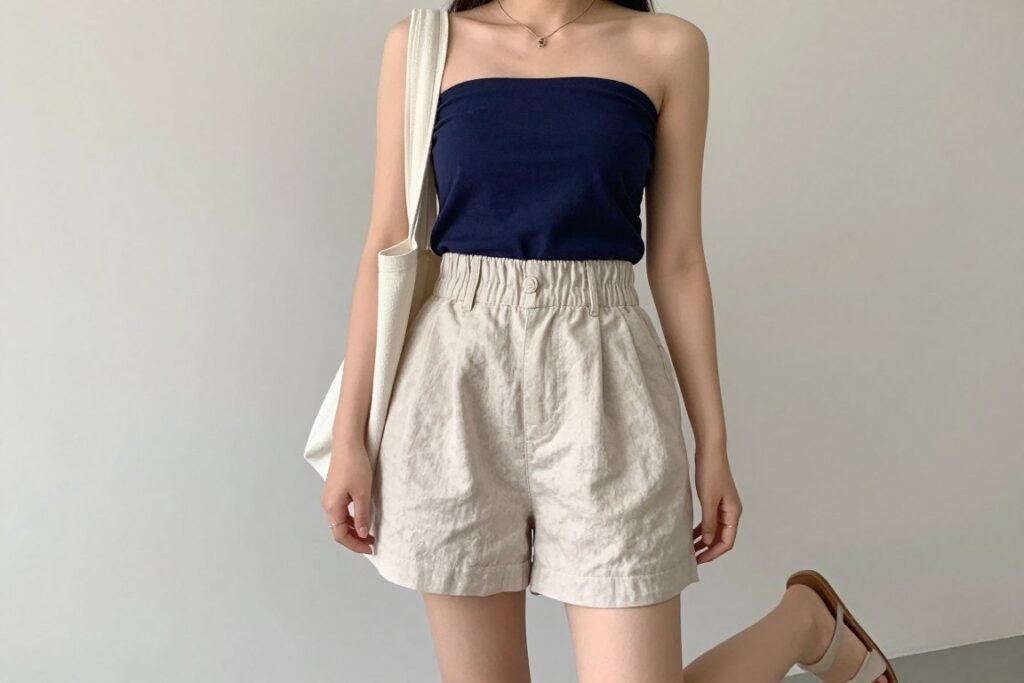 Young woman wearing a solid-colored tube top with high-waisted linen shorts and carrying a light cardigan for summer school