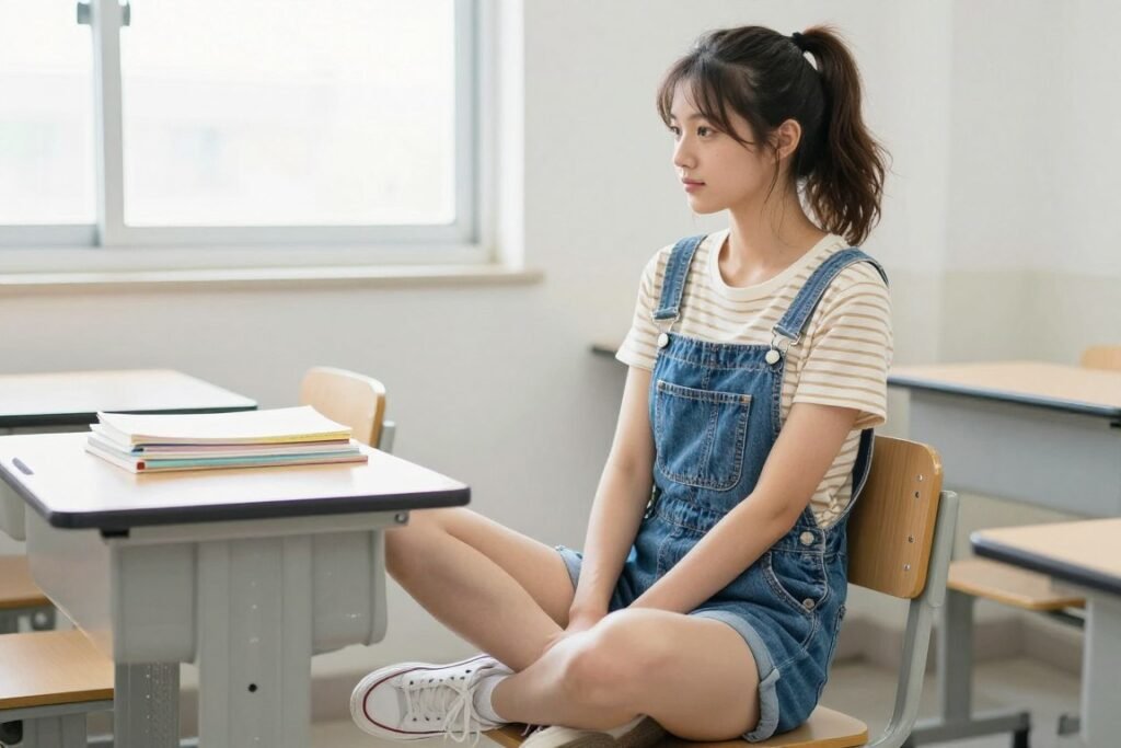 Young woman wearing short denim overalls over a striped t-shirt with white sneakers as a summer school outfit
