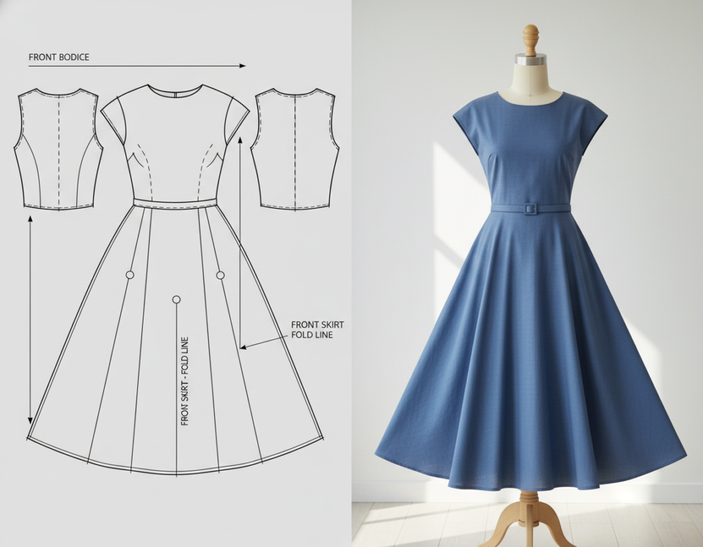 A-line dress pattern with flared skirt