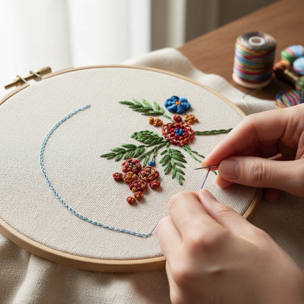 Advanced hand embroidery stitches being worked on fabric