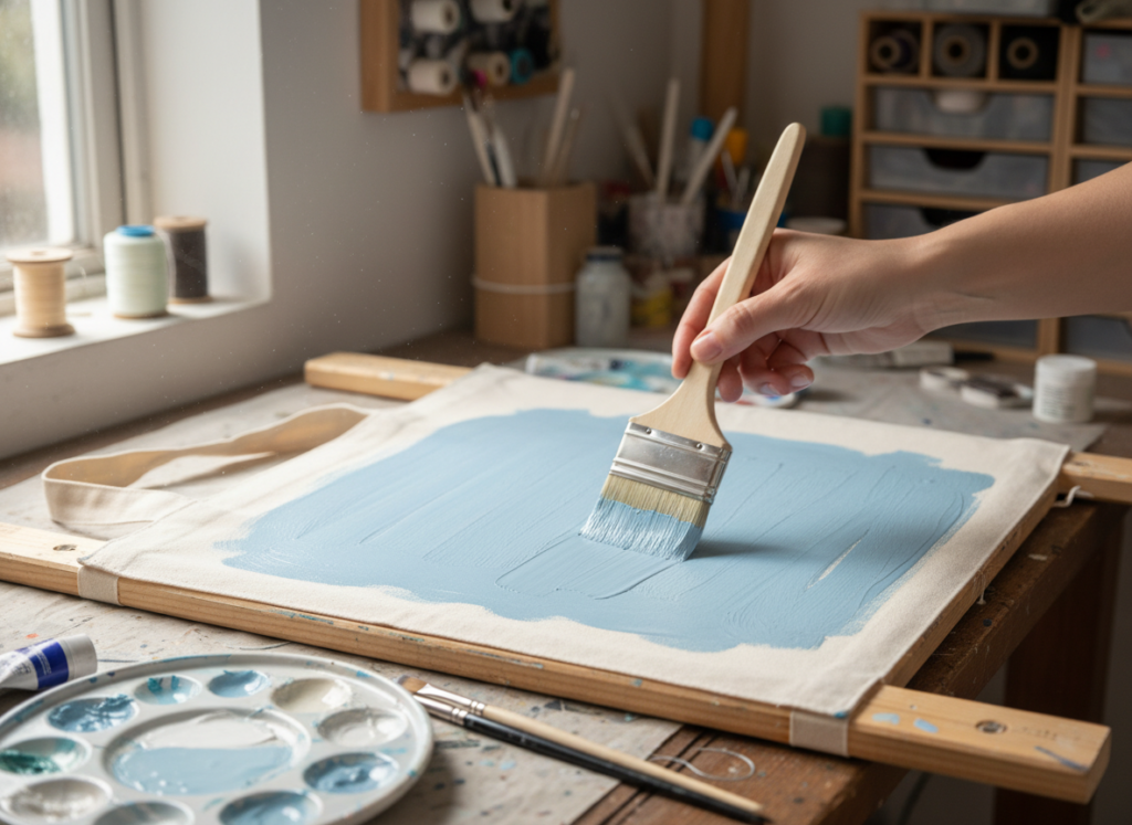 Artist's hand applying the first layer of paint to a canvas tote bag with a wide brush
