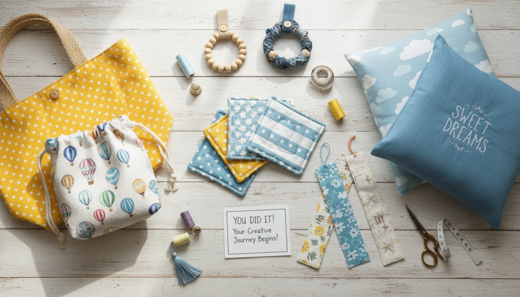Beautiful collection of completed beginner hand sewing projects displayed together