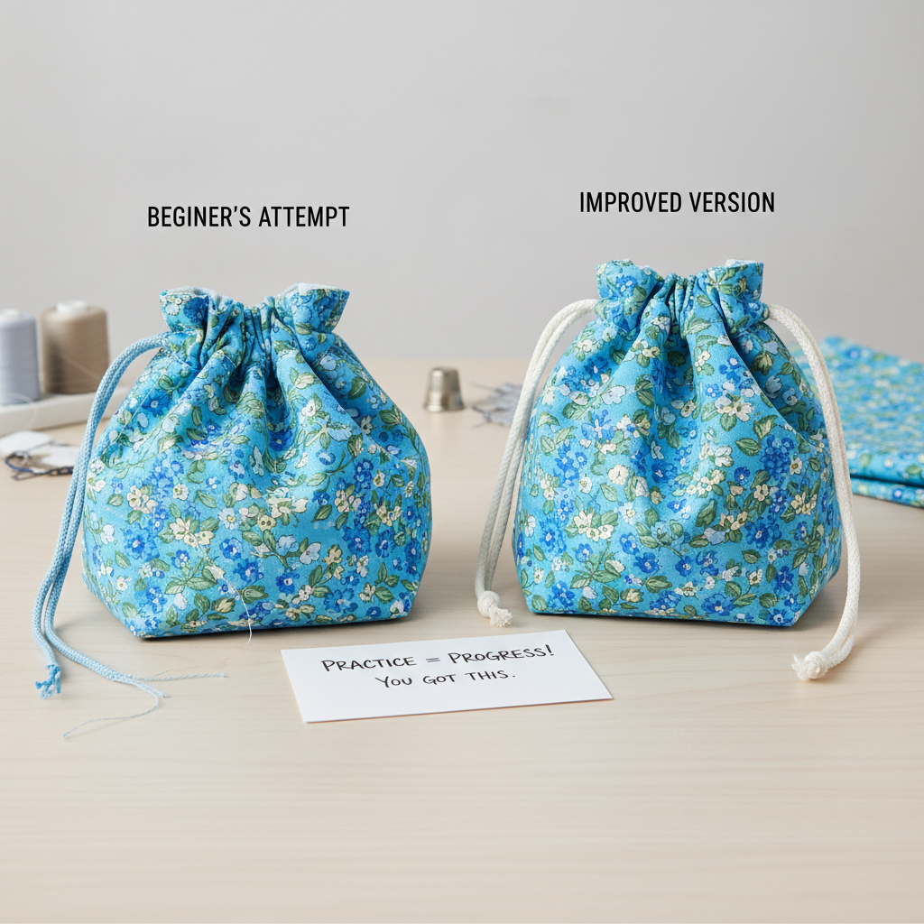 Before and after comparison showing sewing skill improvement