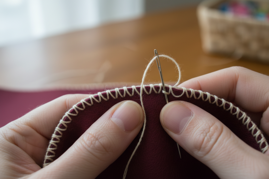 Blanket stitch technique on fabric edge with contrasting thread color for visibility