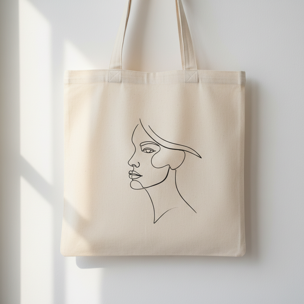 Canvas tote bag with minimalist single-line face drawing in black