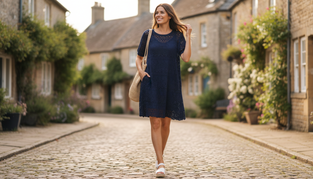 Casual navy blue crochet t-shirt dress showing comfortable fit and style