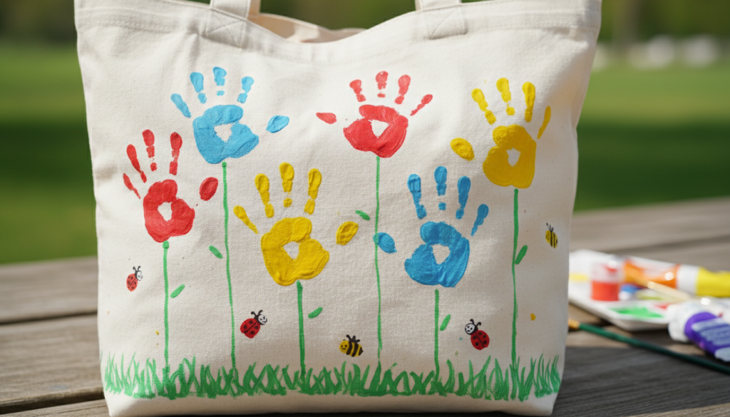 Child's painted tote bag featuring colorful handprint flowers with green stems