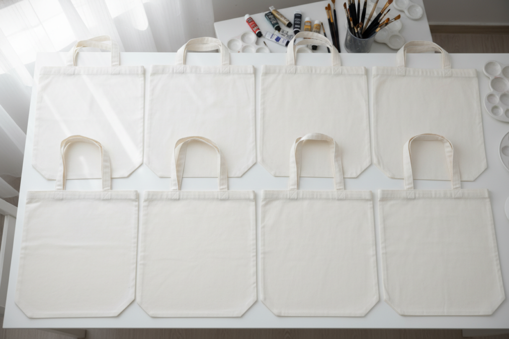 Clean white canvas tote bags laid flat and freshly ironed, ready for painting