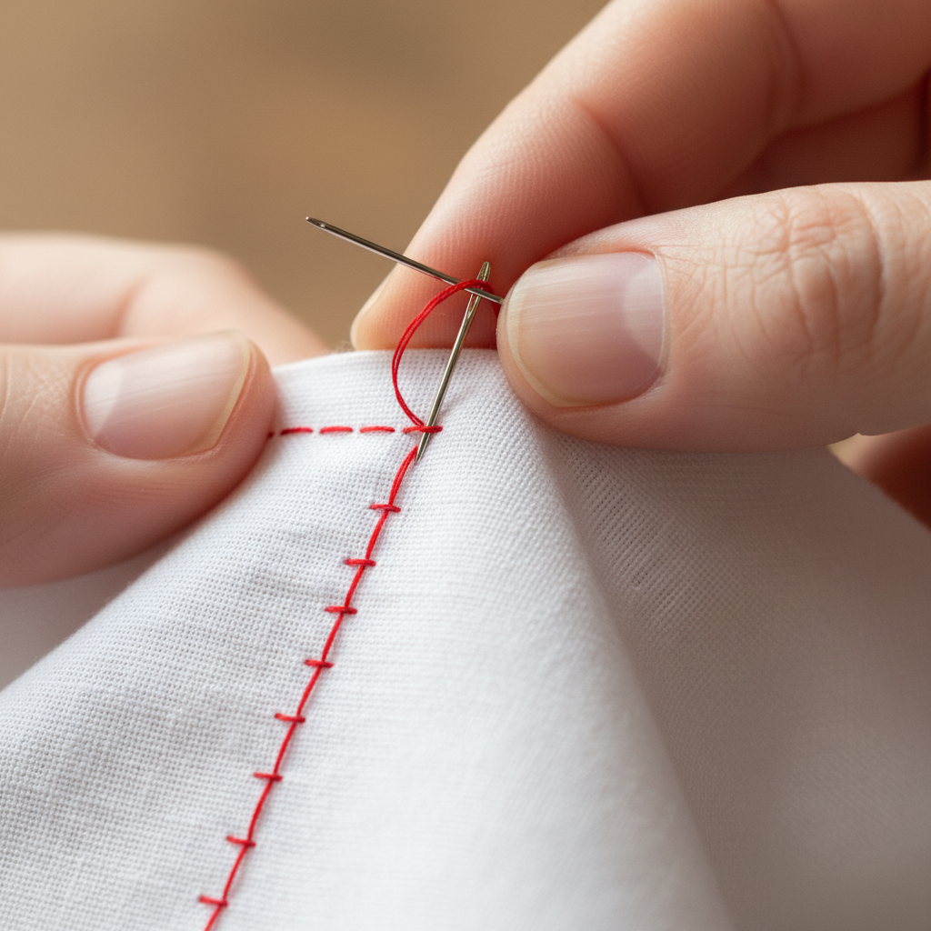 Close-up demonstration of running stitch technique on fabric showing needle and thread placement