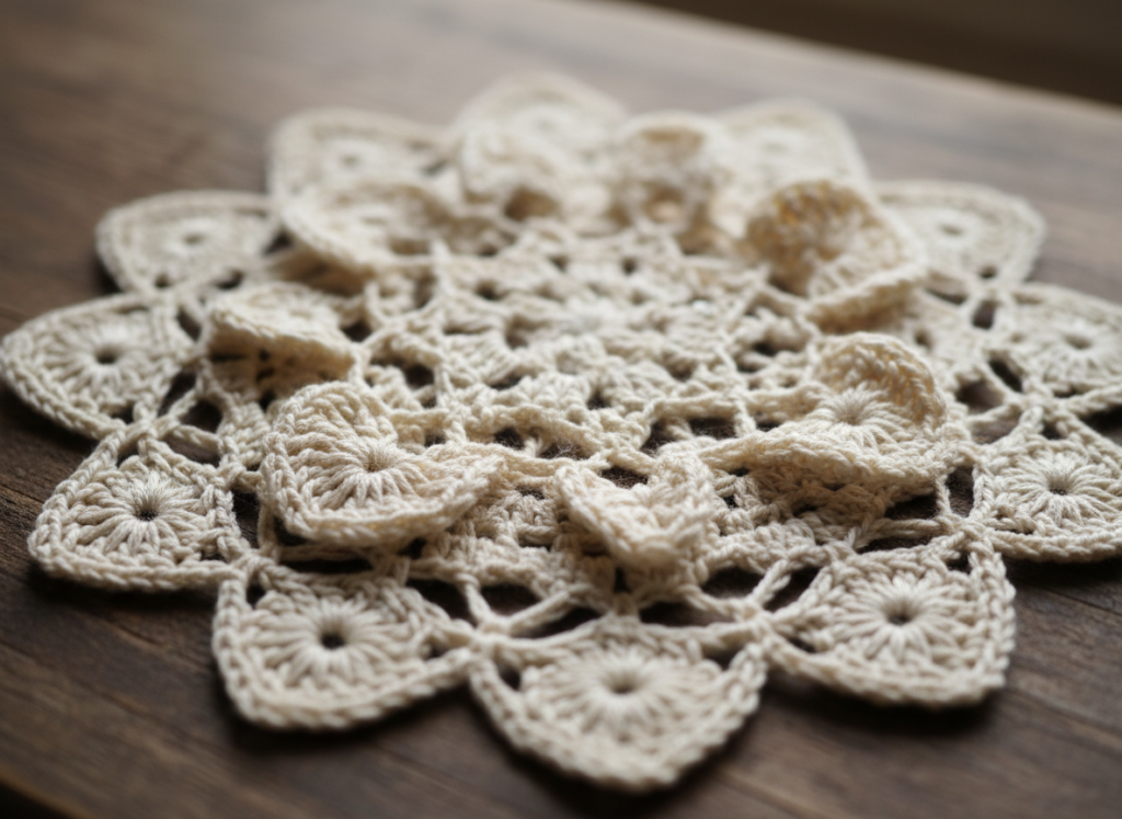Close-up of intricate lace crochet work showing advanced stitch techniques