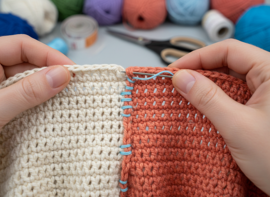 Close-up of professional seaming technique joining crochet dress panels