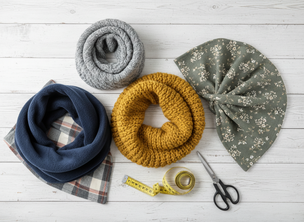 Collection of different neck cowl styles in various fabrics and colors