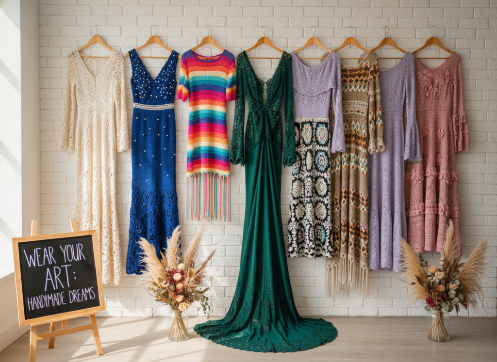 Collection of finished crochet dresses in various styles and colors
