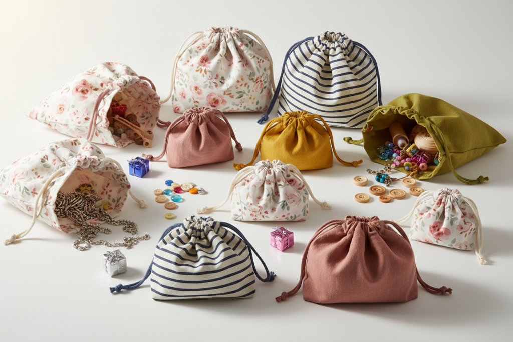 Collection of finished drawstring bags in various fabrics and sizes