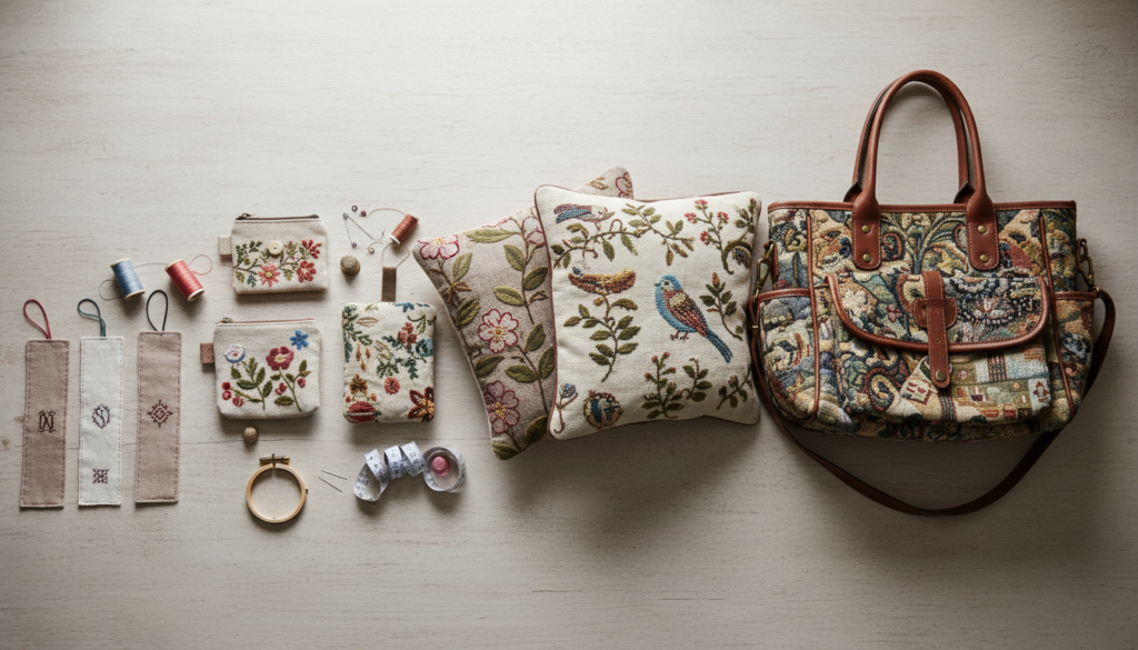 Collection of hand-sewn projects showing skill progression from beginner to intermediate