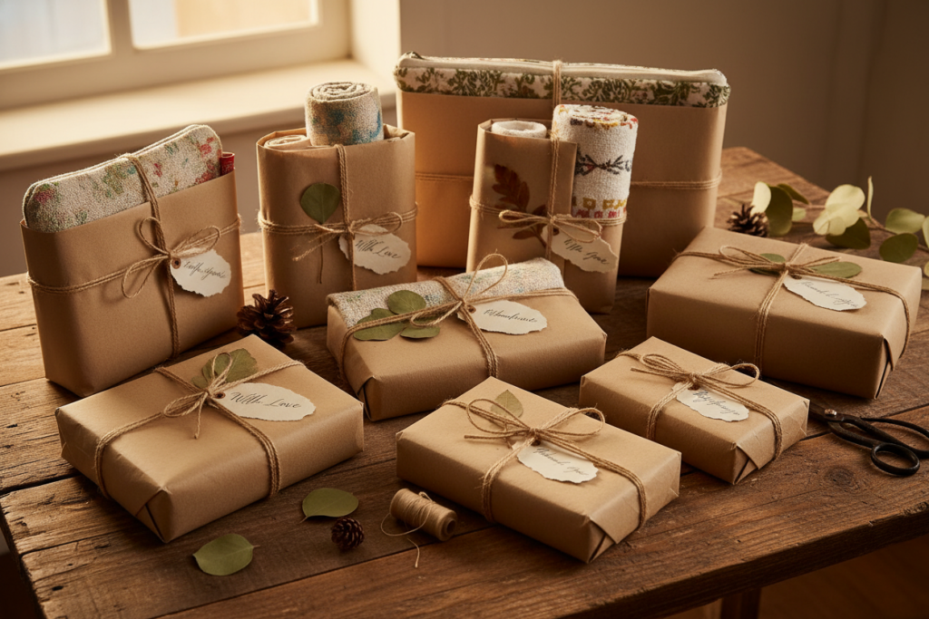 Collection of handmade gifts including sewn items wrapped beautifully