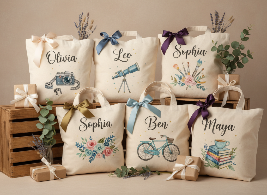 Collection of personalized painted gift bags with names and custom designs