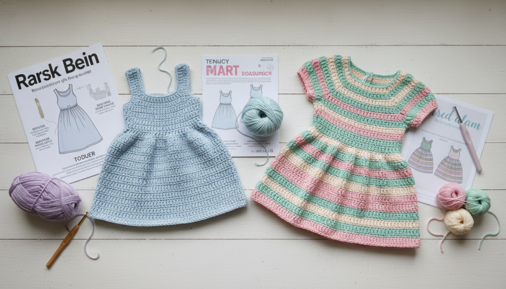 Collection of simple beginner crochet dress patterns laid out with finished samples