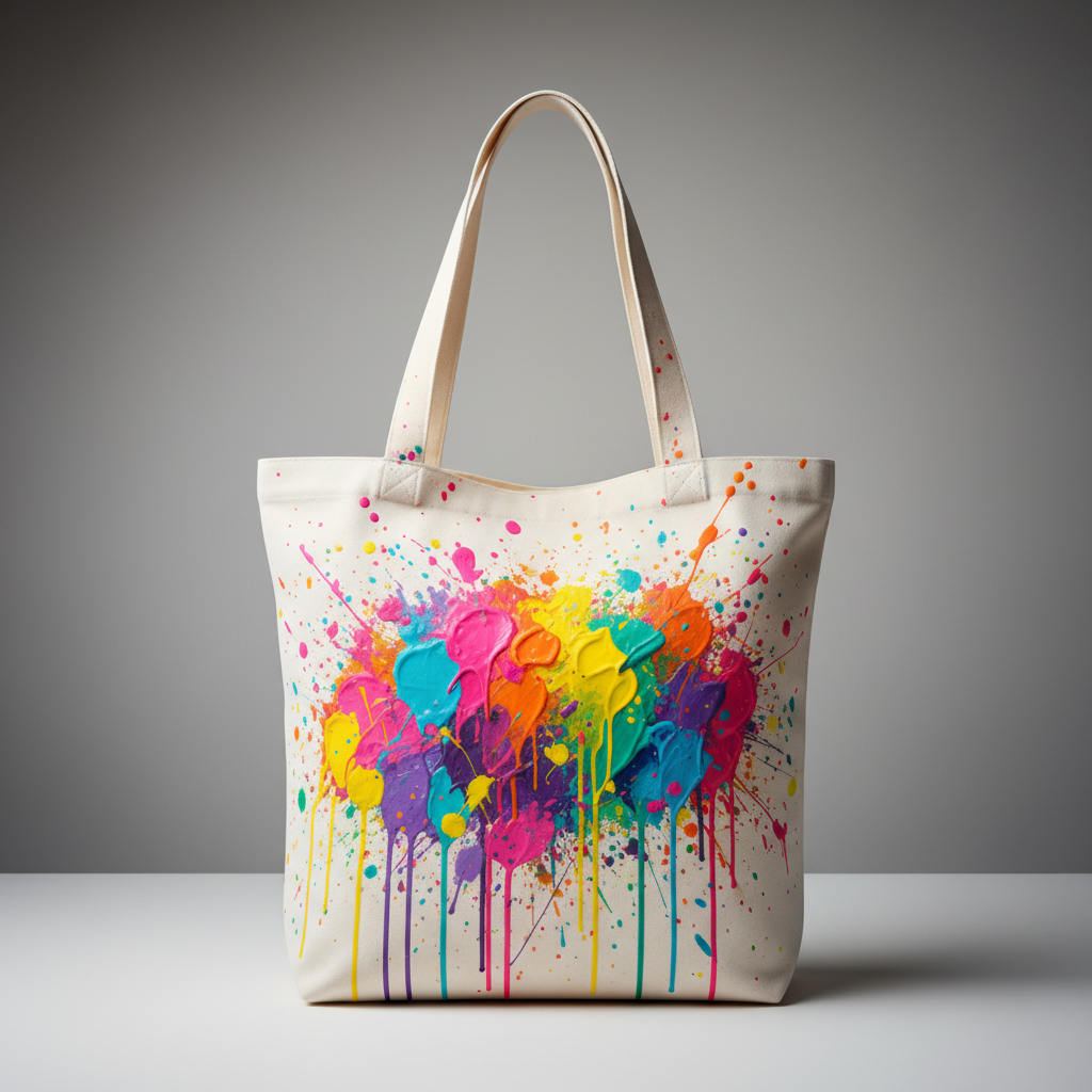 Colorful abstract splatter paint design on white tote bag