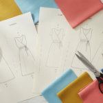 Colorful array of easy DIY dress patterns laid out on a sewing table with fabric swatches