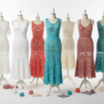 Colorful collection of handmade crochet dresses displayed on mannequins showing various styles and patterns