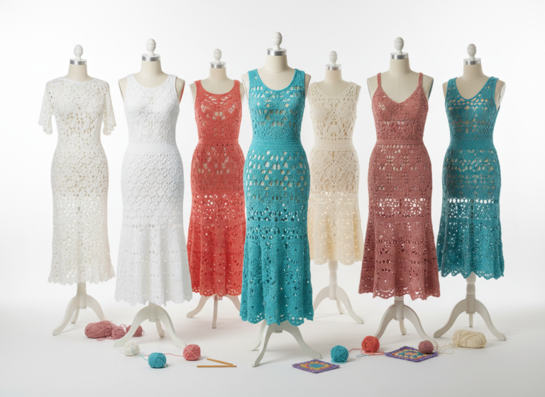 Colorful collection of handmade crochet dresses displayed on mannequins showing various styles and patterns