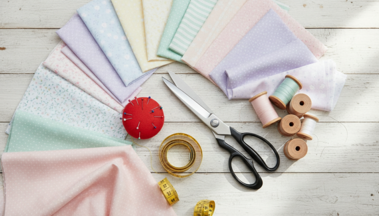 Colorful fabric pieces and sewing supplies arranged on a wooden table with scissors and measuring tape